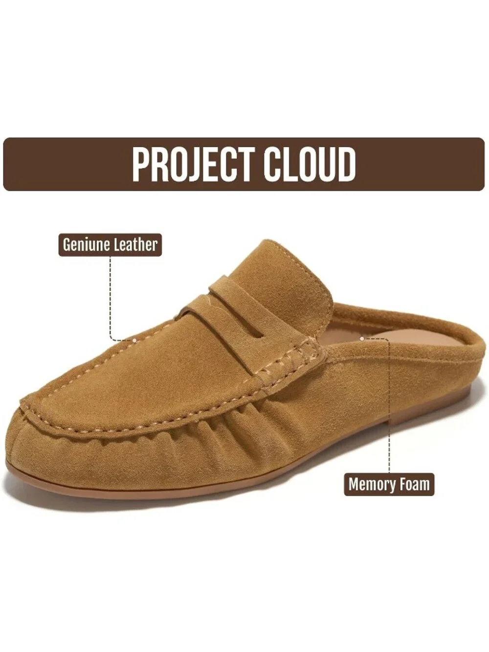 🆕Women's Tan Genuine Leather Penny Loafers Mules with Memory Foam Insole